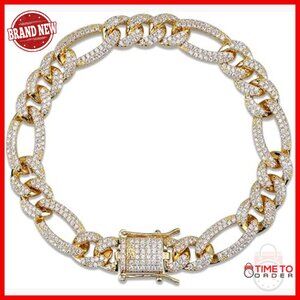 Men's 14K Gold Over Sterling Silver Moissanite Bracelet, 8 Inch Figaro Chain